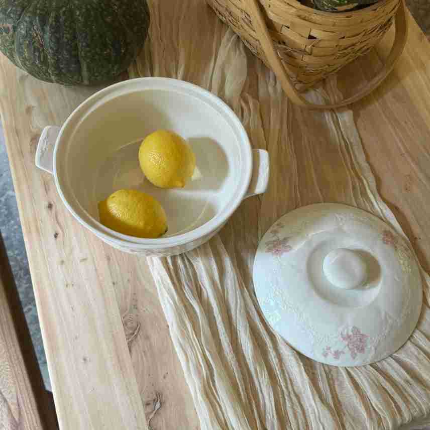 French retro romantic floral double-ear ceramic soup bowl with lid fruit bowl storage bowl household soup pot