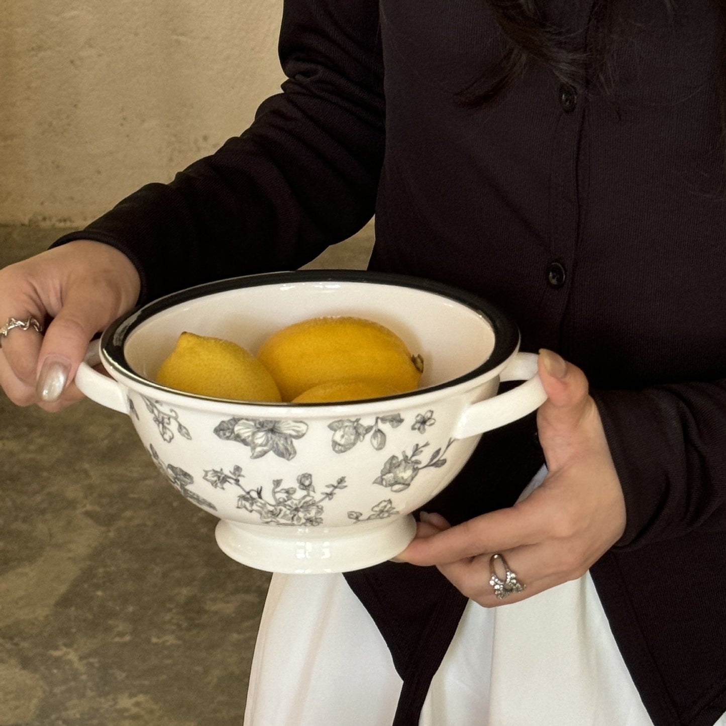 French retro black edges and double ears ceramic soup noodle bowls fruit bowl household tableware