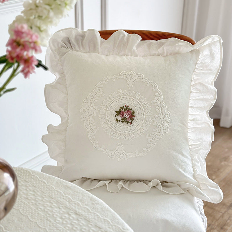 French lace throw pillow retro flounces ins style cream white embroidery waist pillow American sofa bedroom pillow back