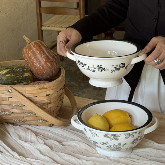 French retro black edges and double ears ceramic soup noodle bowls fruit bowl household tableware