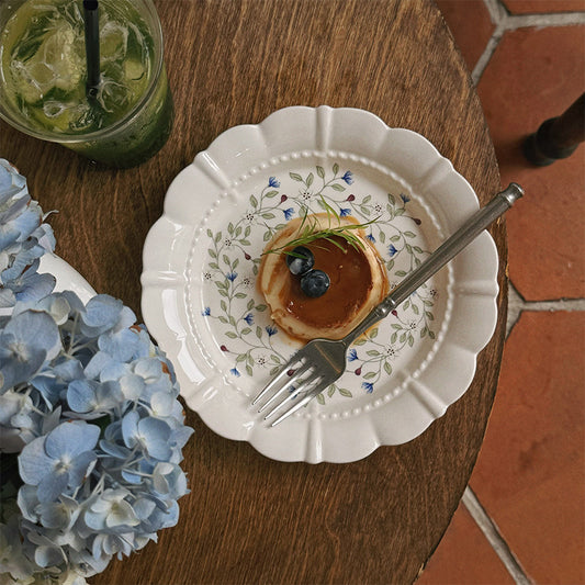 French retro blue floral ceramic plate high-quality lace dessert salad dinner plate